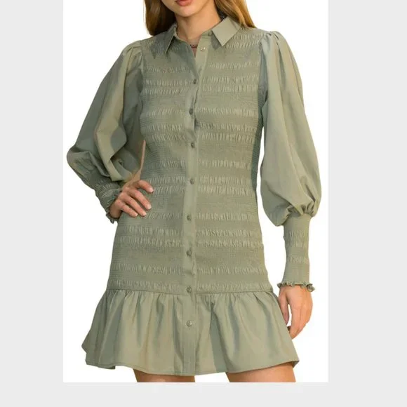 Green Puff Sleeve Button Up Ruched Dress | Color: Green | Size: L | Carsonhull's Closet